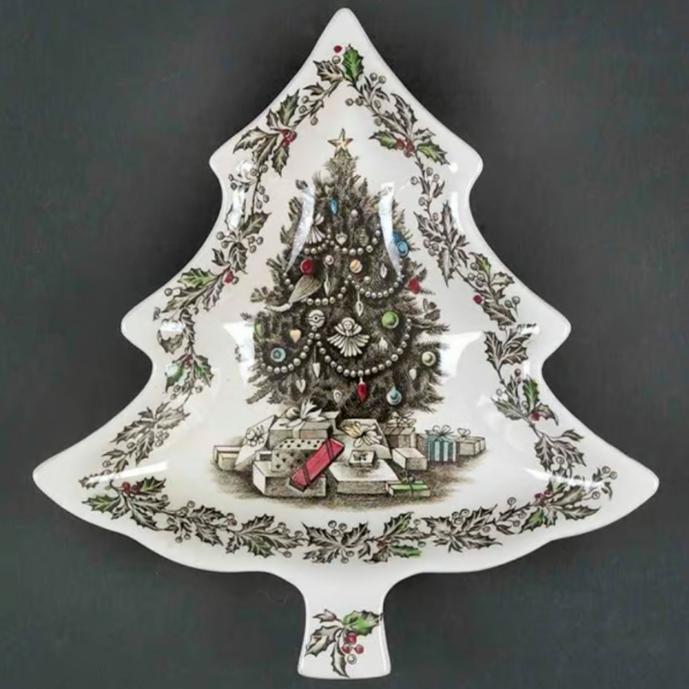 Johnson Bros Merry Christmas Tree Shaped Hand Engraved Candy But Dish England